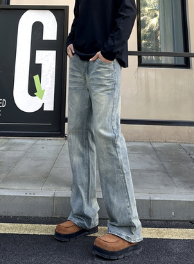 QUALCOMM美式高街竹节纹微喇牛仔裤男秋款cleanfit百搭直筒长裤潮