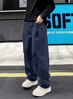 QUALCOMM2025秋冬新款美式宽松工装裤子男款宝蓝色运动阔腿休闲裤