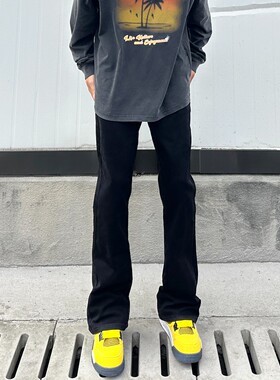 QUALCOMMcleanfit显瘦微喇牛仔裤男秋季潮牌美式弹力修身黑色男裤