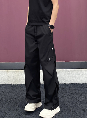 QUALCOMM秋冬季黑色阔腿伞兵工装裤男女同款美式潮牌宽松休闲长裤