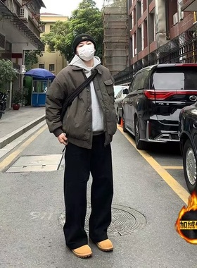 QUALCOMM美式复古宽松阔腿黑色加绒牛仔裤男秋冬潮流百搭加厚长裤