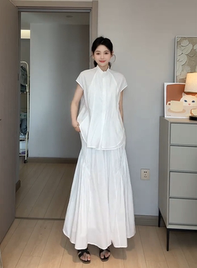 向晚意studio名媛女老钱风女装时尚白色立领衬衫半身裙子两件套
