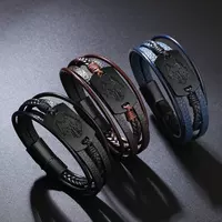 Retro wolf-head leather bracelet for men, multi-layer woven leather wristband, Vikings style jewelry, Wolf totem as a gift for your boyfriend thumbnail 4