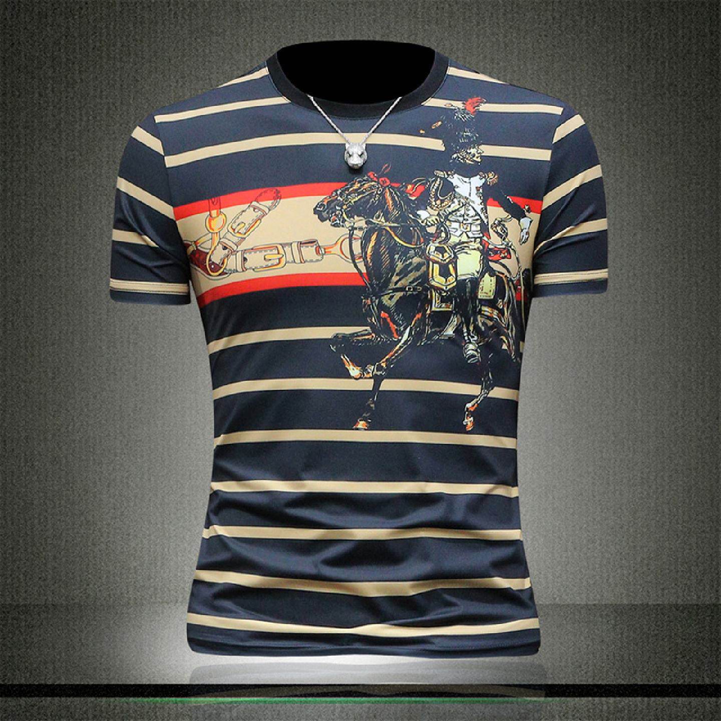 欧货潮牌百搭条纹印花短袖恤男士夏季新款圆领半袖丝光棉恤衫潮男