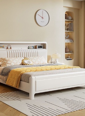 fLE奶油风胡桃木白色实木床1.8M双人主卧床1.5米简约现代储物床