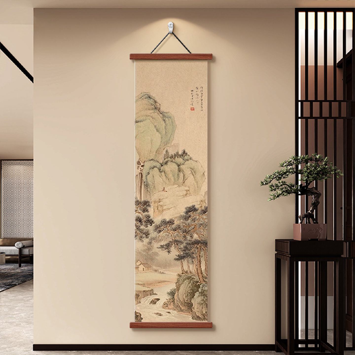 松崖观瀑宋式美学玄关装饰画新中式客厅茶室走廊过道竖版山水挂画