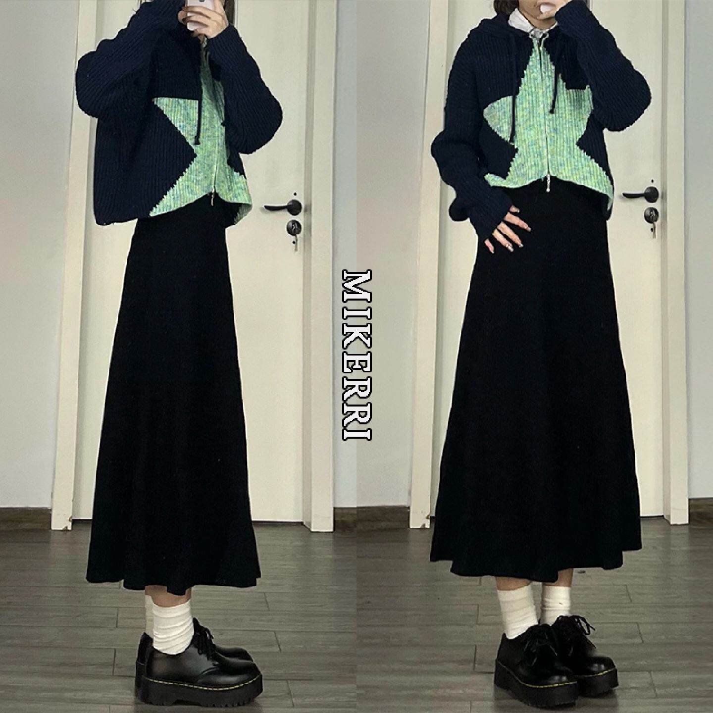 梨型身材黑色毛呢半身裙女冬季大码胖mm遮肚显瘦中长款a字伞裙子