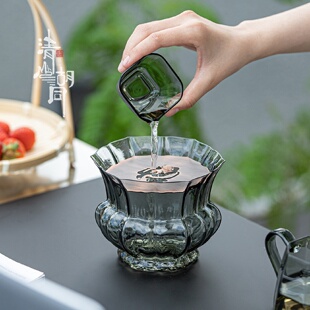 玻璃茶洗建水茶渣缸耐热带盖茶盂水盂家用茶具茶桌废水水洗 中式