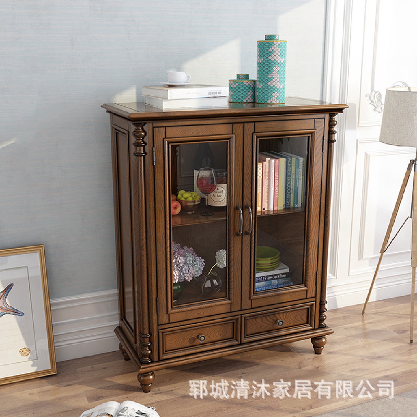 美式家具乡村实木书柜简约落地储物架客厅书籍储物展示柜