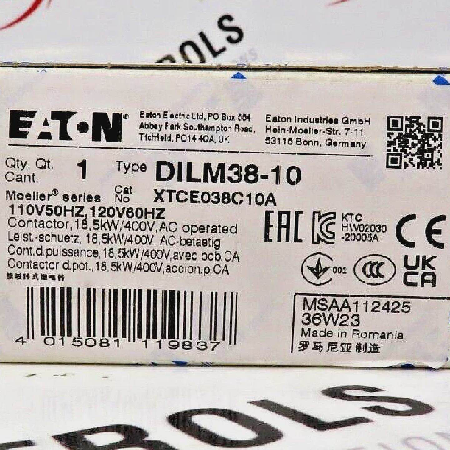 Eaton XTCE038C10A 3Pole FVNR IEC Contactor 38A 120VAC Coil 1