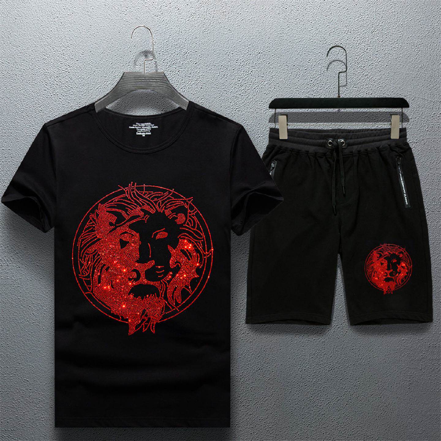 2026欧洲站休闲套装男帅气烫钻短袖恤短裤潮精神小伙新款夏装潮潮