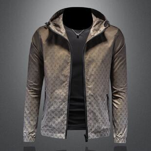 欧洲站连帽夹克男年春季新款渐变暗花修身休闲大码外套上衣潮潮男