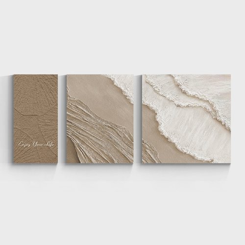 奶油侘寂风客厅装饰画三联画大气沙发背景墙挂画抽象肌理砂岩壁画