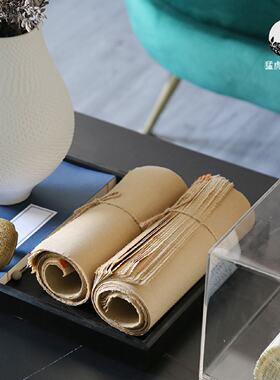 新中式仿古麻绳黄色书卷复古托盘花艺摆件组合样板间书房软装饰品