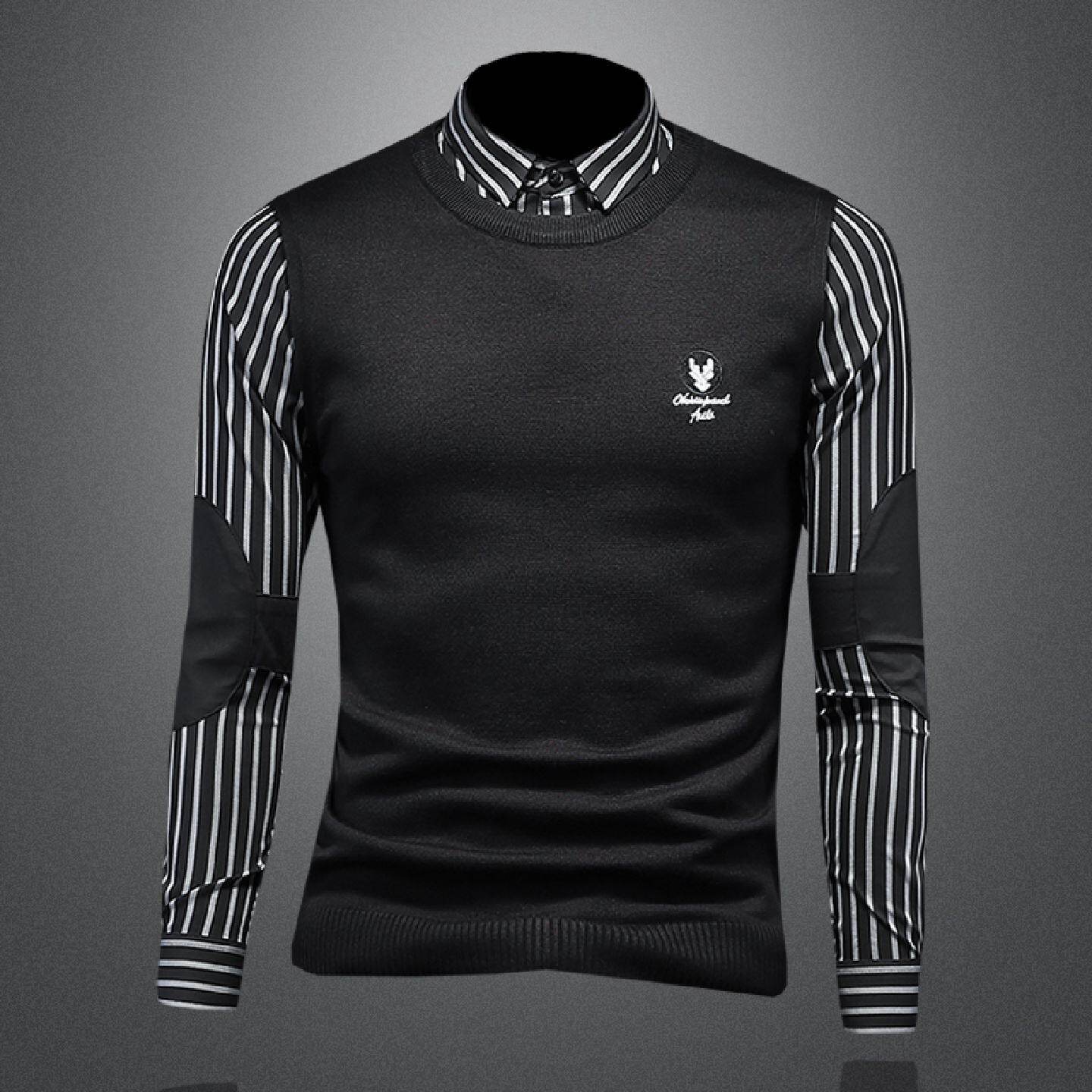 欧洲站休闲条纹假两件衬衫男士长袖秋季新款韩版修身针织衬衣潮男
