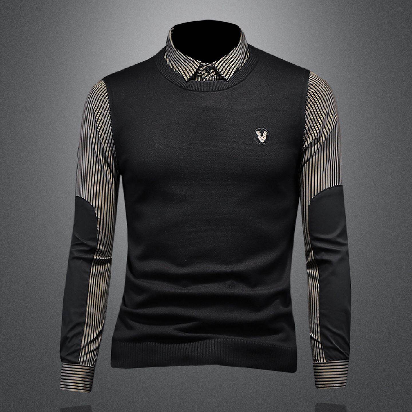 假两件衬衫男士长袖秋冬季新款潮流修身时尚条纹针织打底衬衣潮男