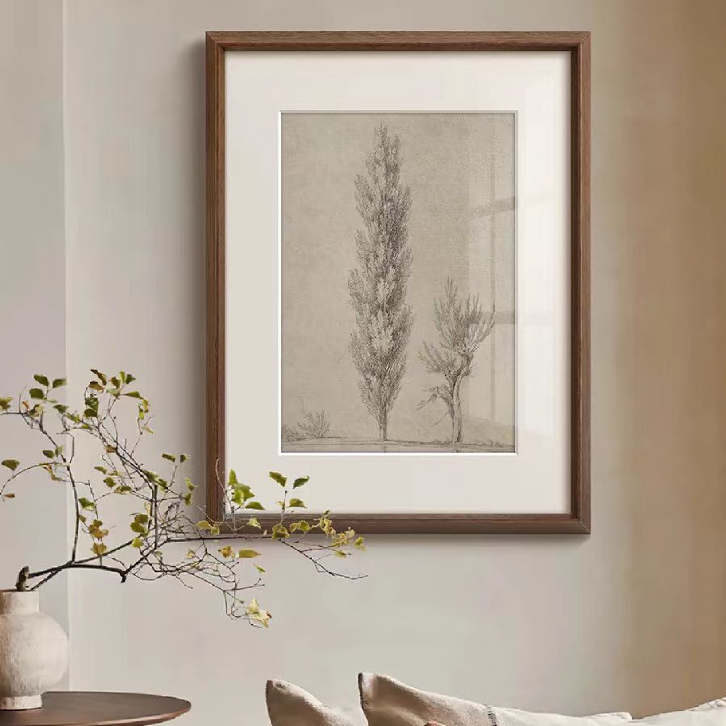 树》黑白素描装饰画法式复古中古风客厅壁画玄关走廊书房实木挂画图片