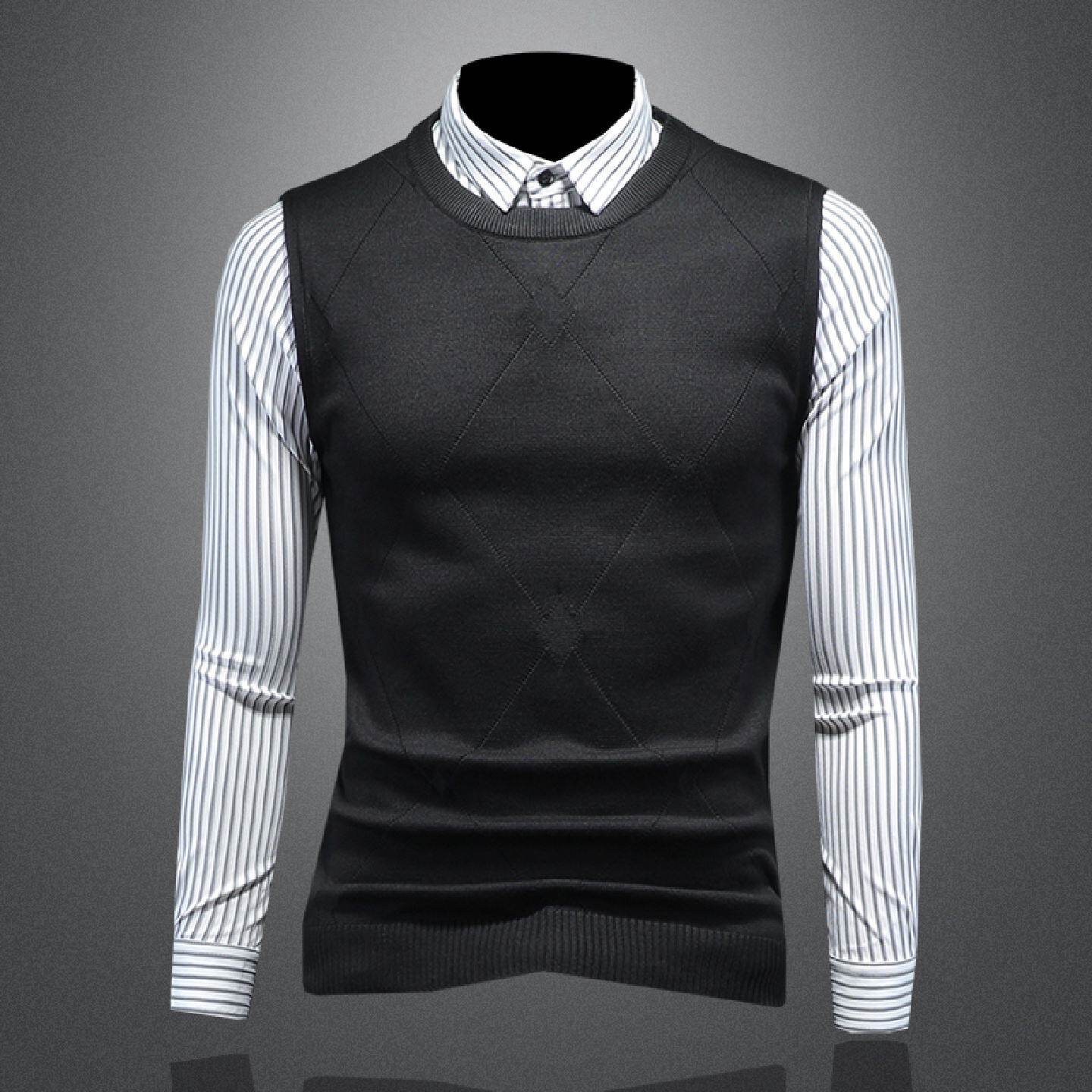 假两件条纹衬衫男士长袖秋冬季新款针织休闲青年商务大码衬衣潮男