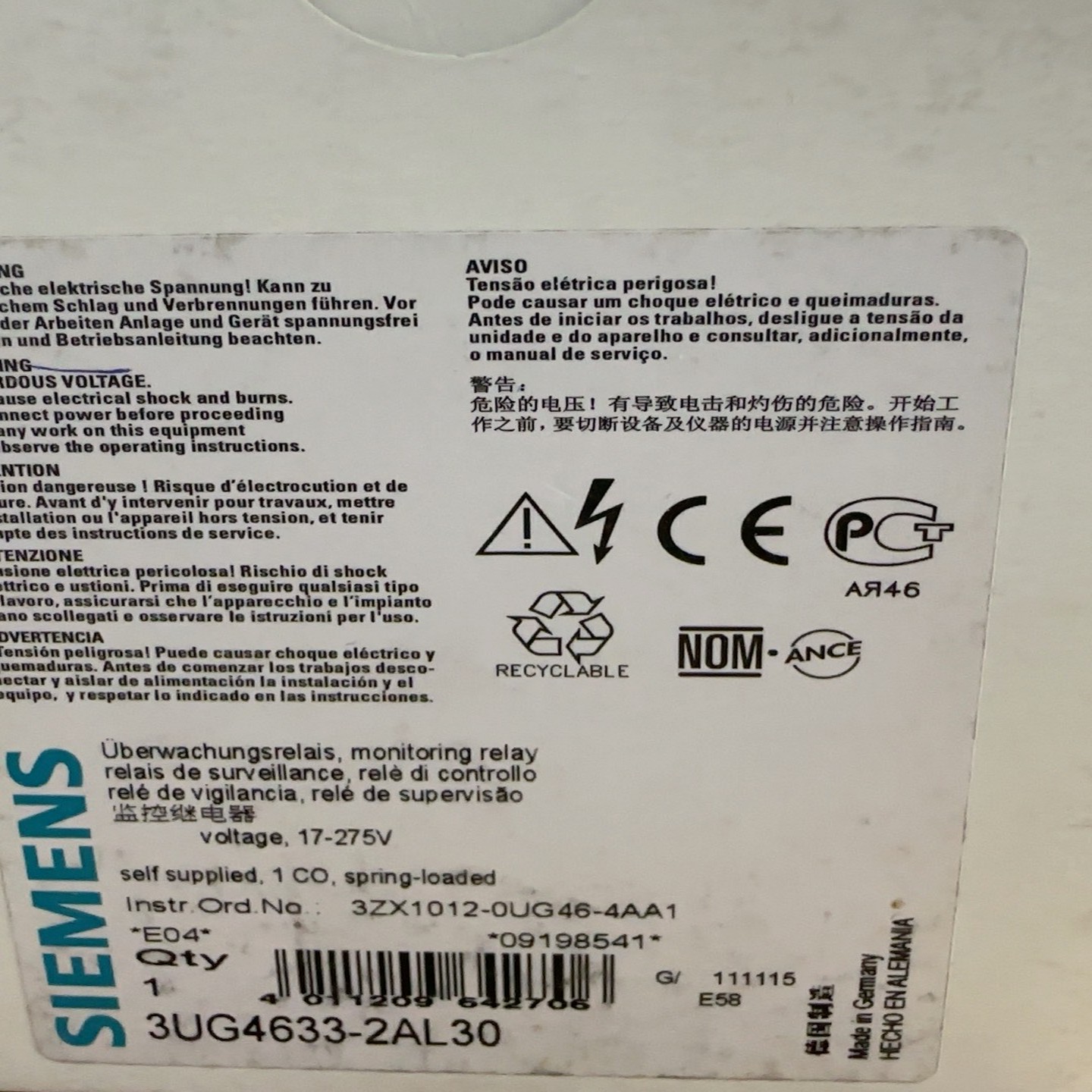 西门子继电器3UG4633-2AL30全新原装正品--议价商品