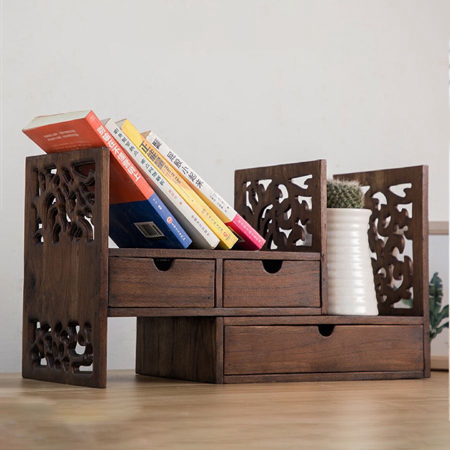 复古实木架子中式桌面置物架书桌桌上书架飘窗收纳柜简易小书柜