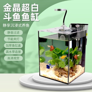 造景全套超白玻璃黑背斗鱼缸 客厅家用桌面办公室小型生态鱼缸新款
