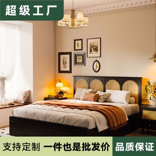复古实木榻榻米收纳储物高箱抽屉床主卧1米8双人胡桃色藤编床 美式
