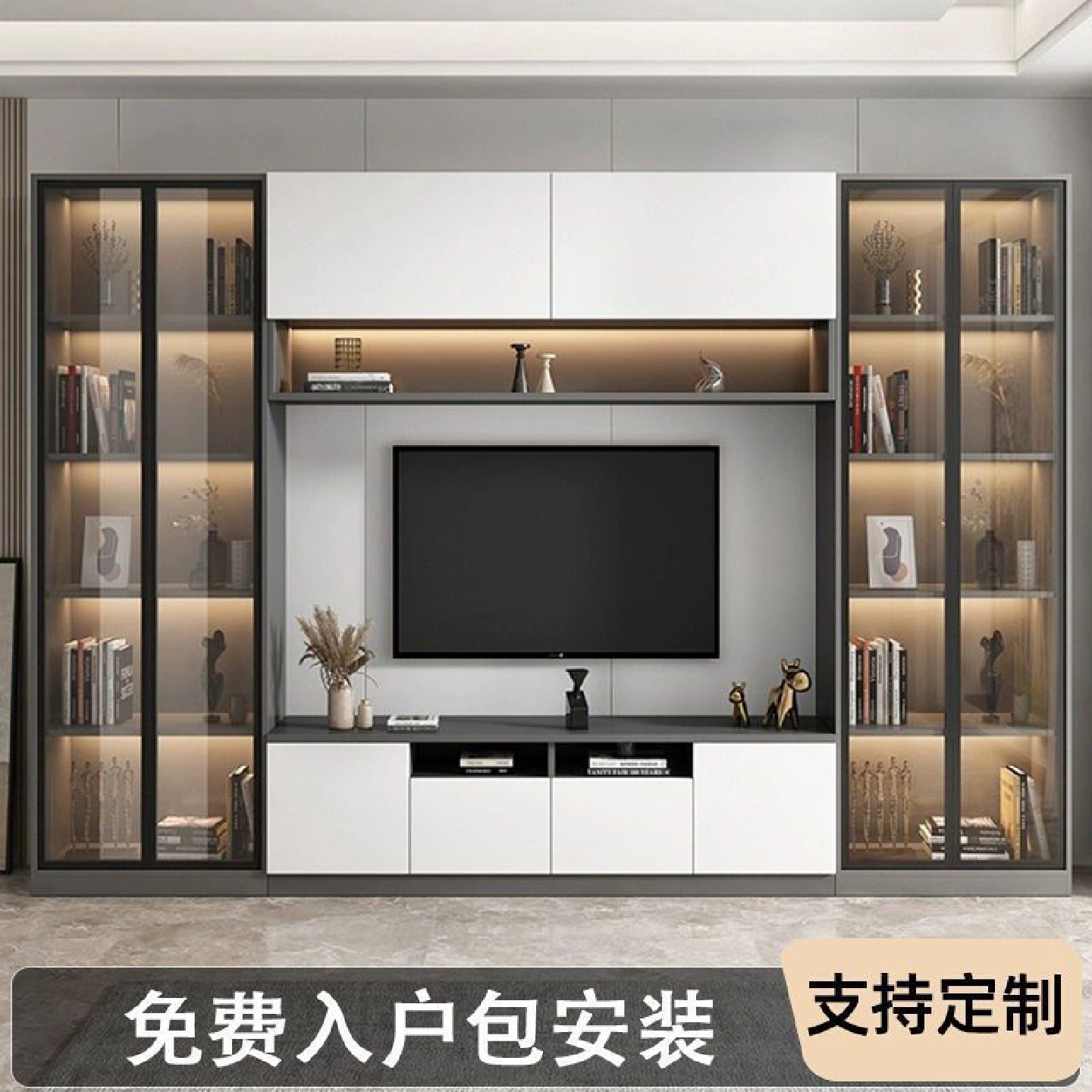 电视柜一体组合轻奢背景墙柜整体客厅现代简约满墙储物收纳柜现做