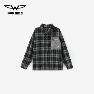 IPW男童2025秋冬新款内搭打底衫黑格子休闲中大儿童纯棉长袖衬衫