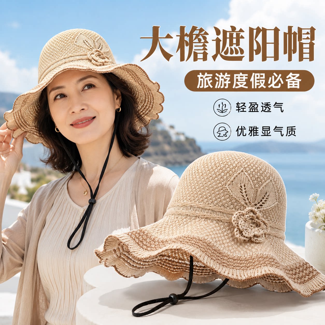 妈妈旅游遮阳帽夏季云南川西大檐防晒草帽女可折叠出游帽