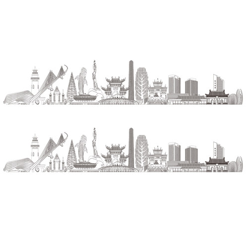 珠海广东景点地平天际线描稿城市插画地标志建筑手绘剪影旅游素材