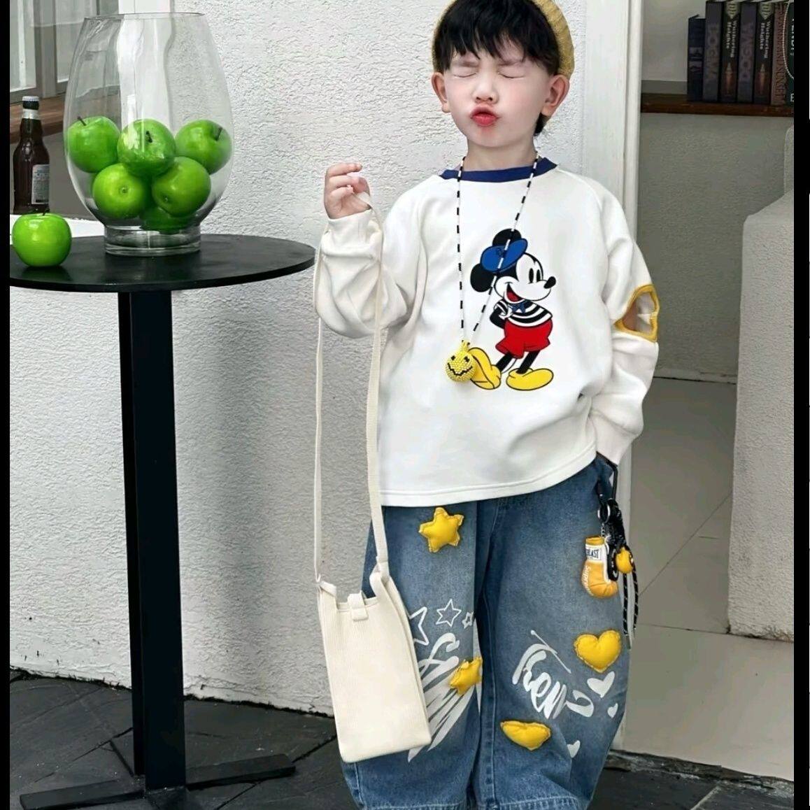 儿童秋款新款设计米奇套装2025年韩版时尚男女宝宝米奇牛仔裤套装