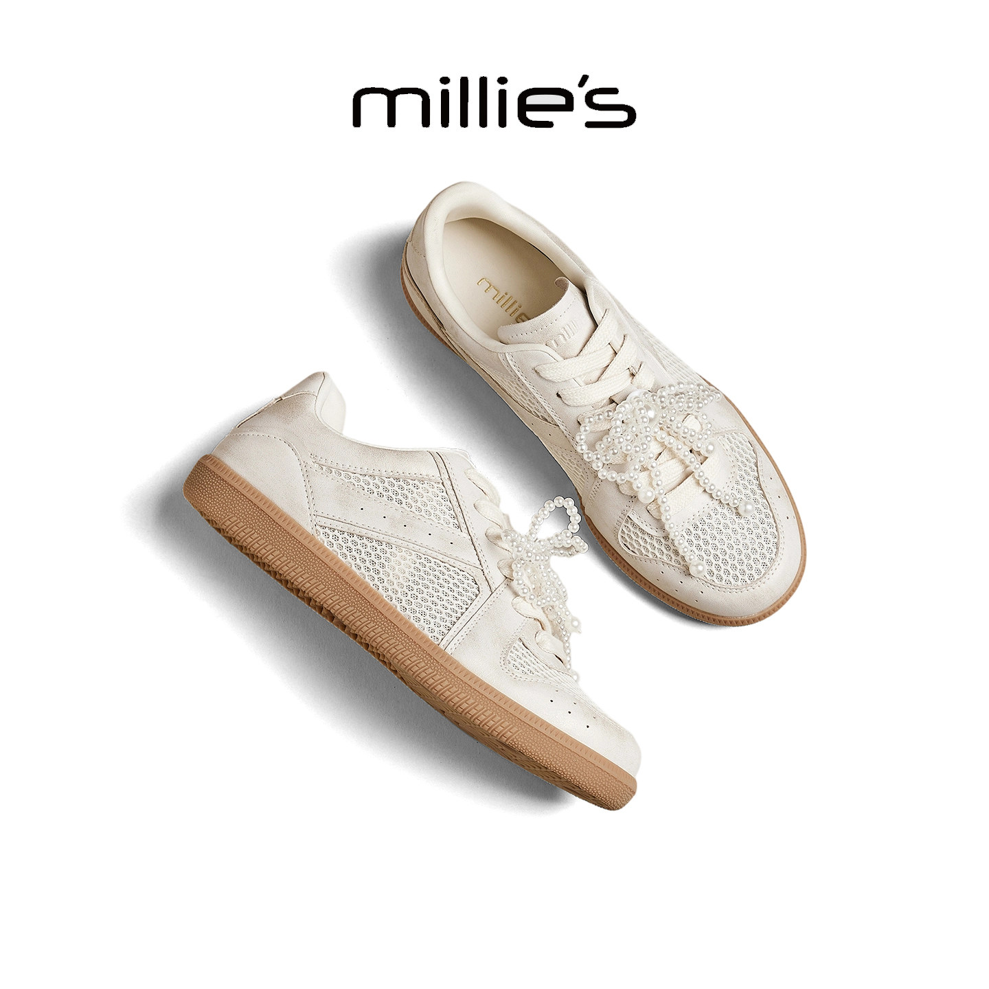 MILLIE'S/妙丽网面透气德训鞋女款春季串珠百搭平底舒适小白鞋子