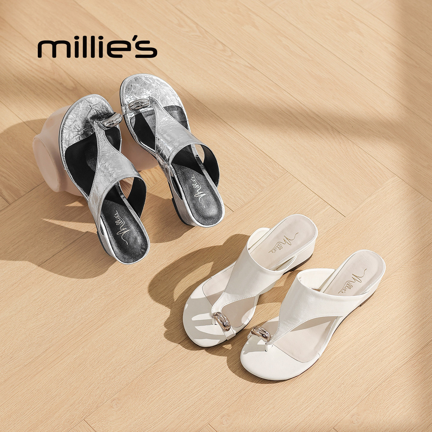 MILLIE'S/妙丽简约风夹趾拖鞋女款外穿坡跟休闲凉鞋2026夏季新款