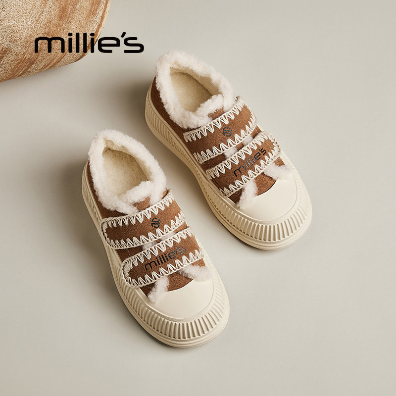 MILLIE'S/妙丽加绒毛毛棉鞋冬季厚底魔术贴增高舒适休闲加棉板鞋