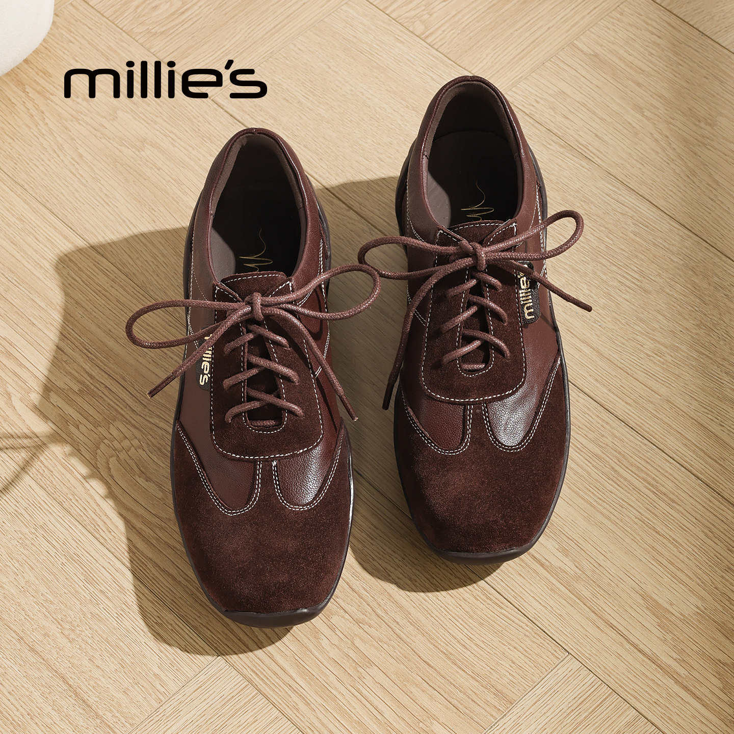 MILLIE'S/妙丽复古德训鞋女款棕色系带拼接舒适小众设计深口单鞋,女鞋,德训鞋,淘宝优惠券,粉丝福利购,淘宝优惠卷