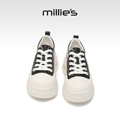 深口单鞋 妙丽厚底黑白板鞋 MILLIE 女休闲鞋 百搭真皮帆布鞋 女鞋