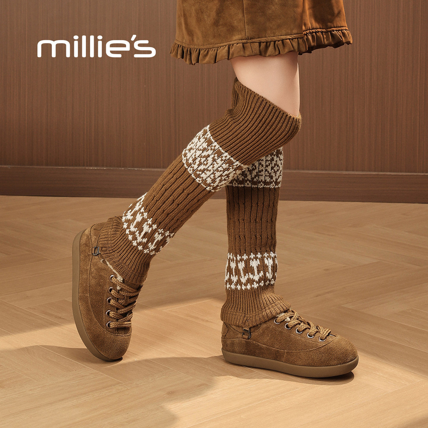MILLIE'S/妙丽真皮牛反绒两穿休闲鞋加绒袜靴女款套袜时尚棉鞋子
