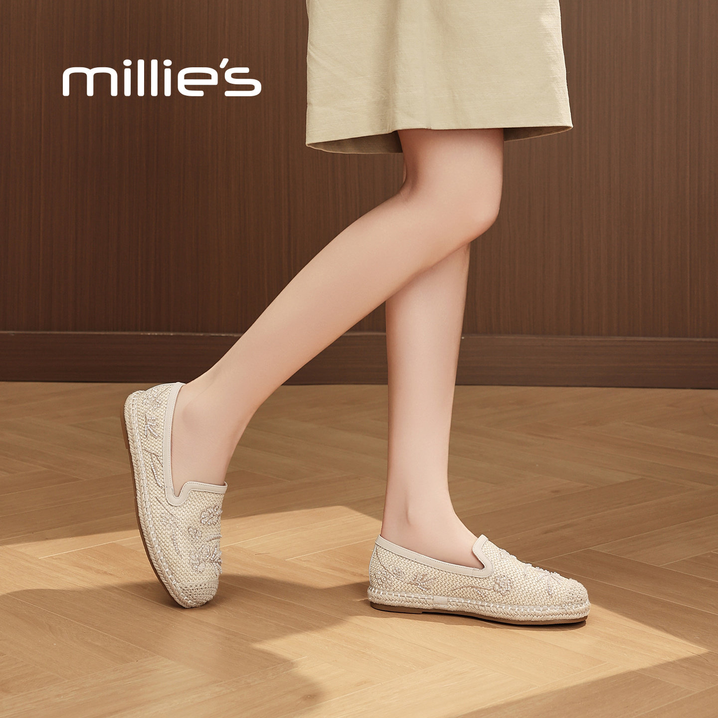 MILLIE'S/妙丽帆布鞋女一脚蹬懒人鞋米色平底舒适百搭休闲鞋春季,女鞋,帆布鞋,淘宝优惠券,粉丝福利购,淘宝优惠卷