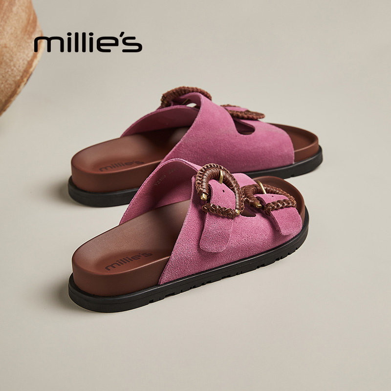 MILLIE'S/妙丽勃肯拖鞋女新款玫红厚底外穿一脚蹬时尚休闲凉拖鞋
