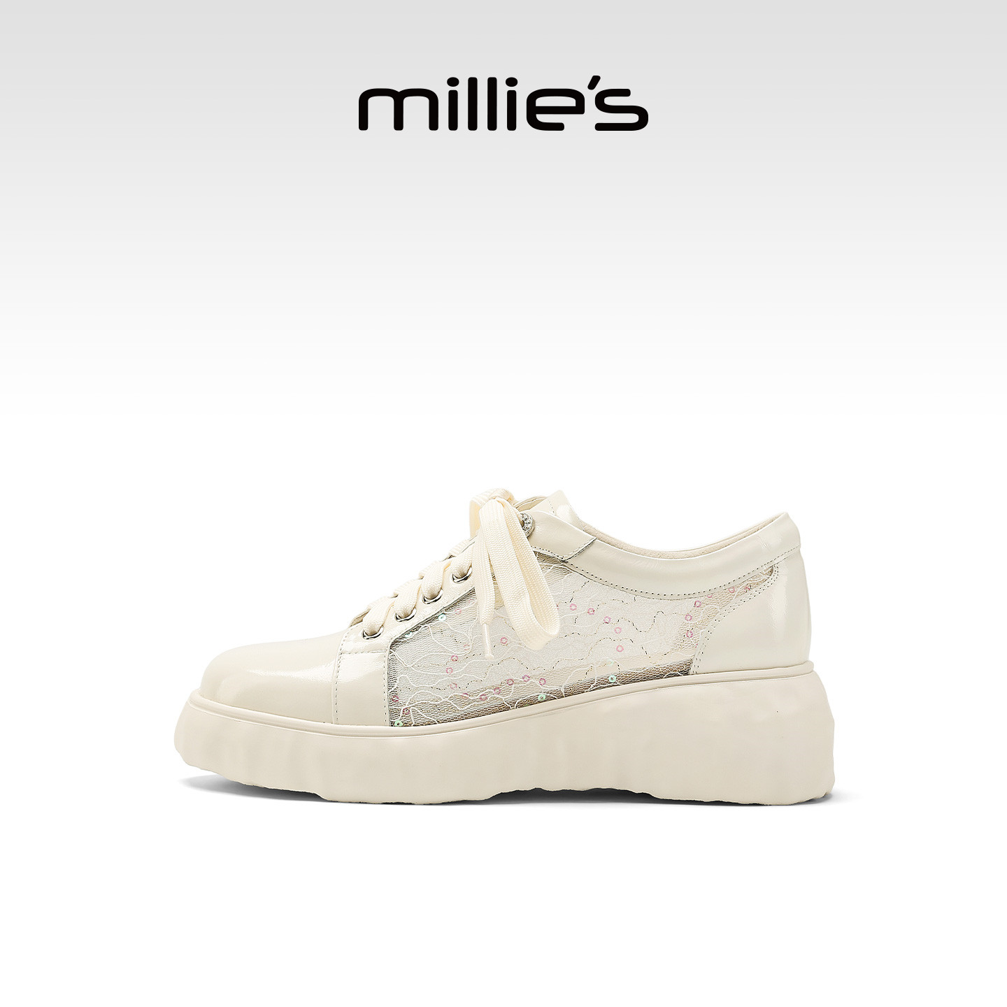 MILLIE'S/妙丽厚底小白鞋2026夏款日常通勤百搭真皮蕾丝透气板鞋