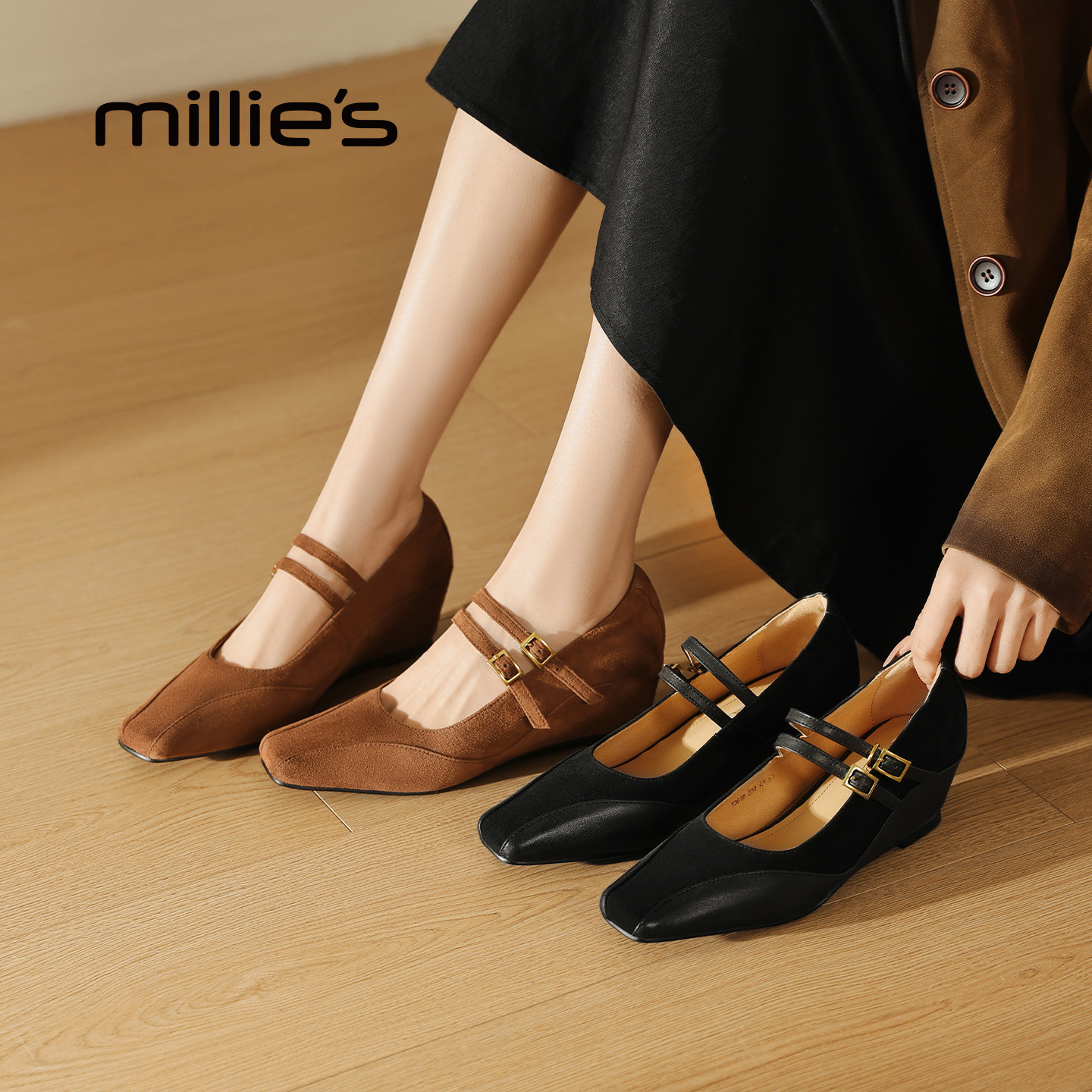 MILLIE'S/妙丽法式复古玛丽珍鞋女款小方头双扣带浅口单鞋内增高,女鞋,玛丽珍鞋,淘宝优惠券,粉丝福利购,淘宝优惠卷