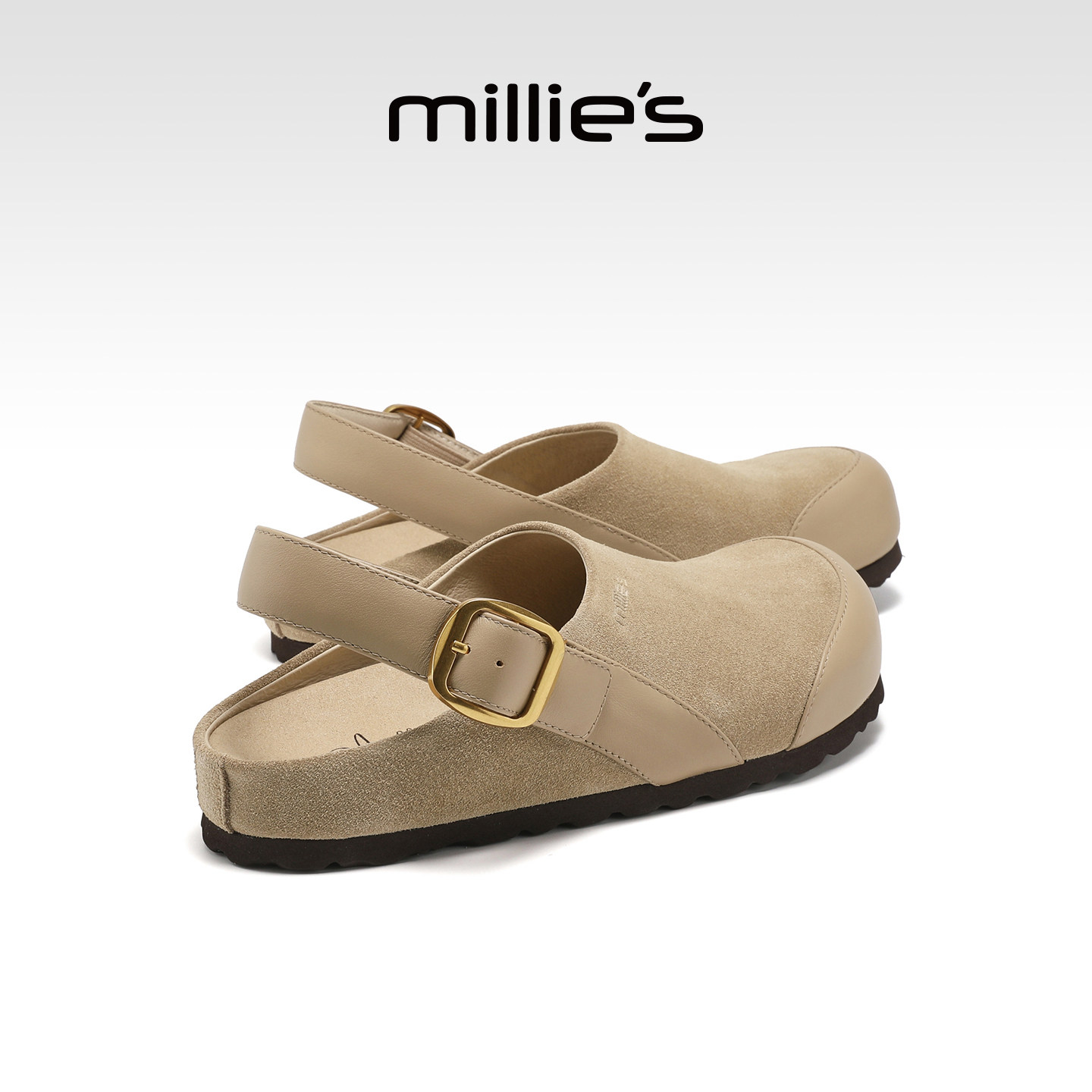 MILLIE'S/妙丽勃肯鞋女款包头半拖鞋一脚蹬毛毛鞋懒人鞋春夏新款