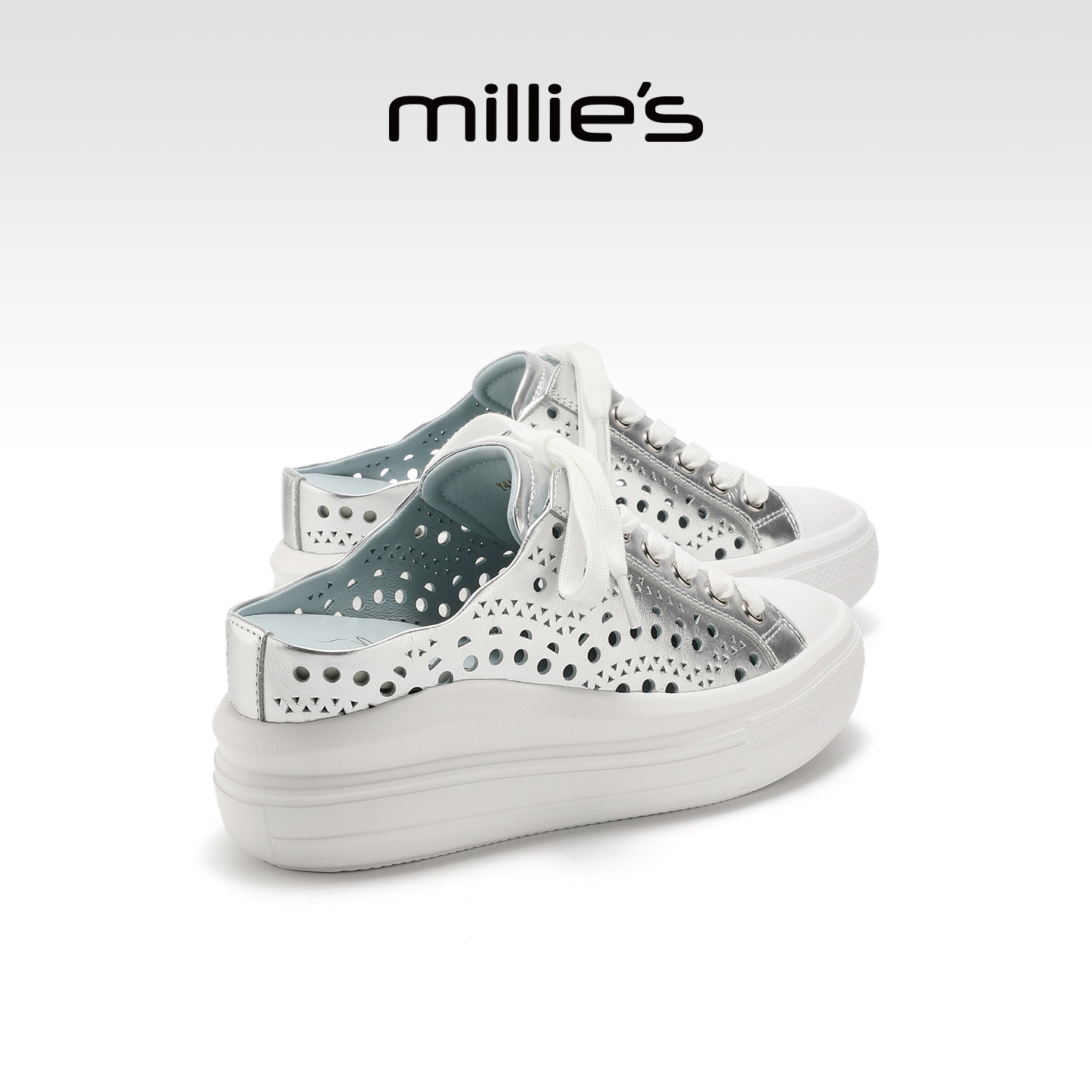 MILLIE'S/妙丽真皮厚底小白鞋女夏季镂空透气包头拖鞋小个子增高