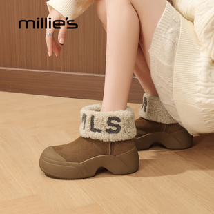新款 2025年冬季 保暖雪地靴短靴 女鞋 millies妙丽真皮厚底加绒棉鞋