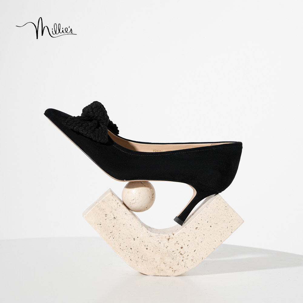 MILLIE'S/妙丽法式蝴蝶结黑色高跟鞋女浅口细跟单鞋2026夏季新款