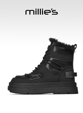 millies妙丽女鞋2025年新款拼接设计户外羊毛加绒保暖高帮雪地靴