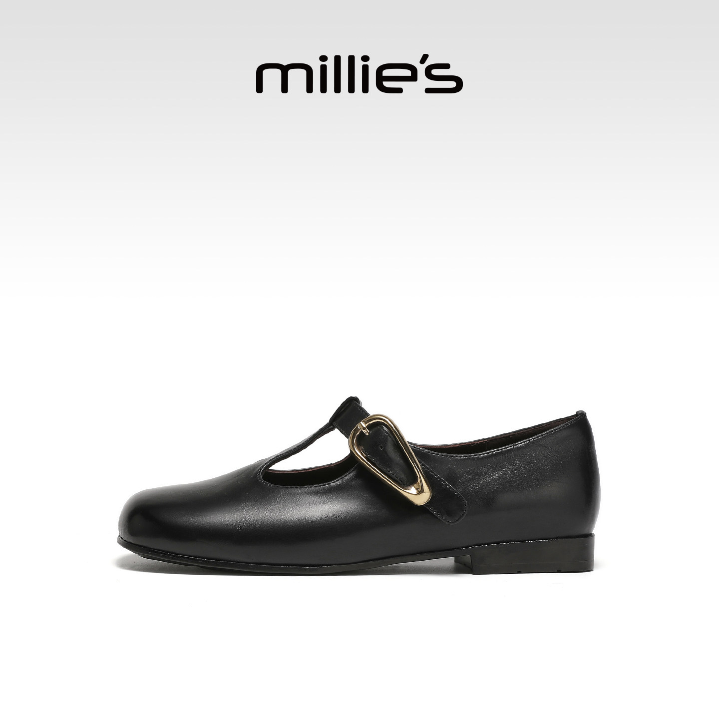 MILLIE'S/妙丽黑色真皮玛丽珍鞋女款T字扣带平底浅口单鞋春夏新款