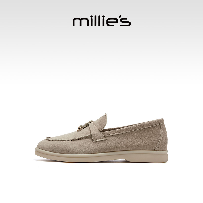 MILLIE'S/妙丽一脚蹬懒人鞋女2026春款真皮绒面老钱风平底乐福鞋