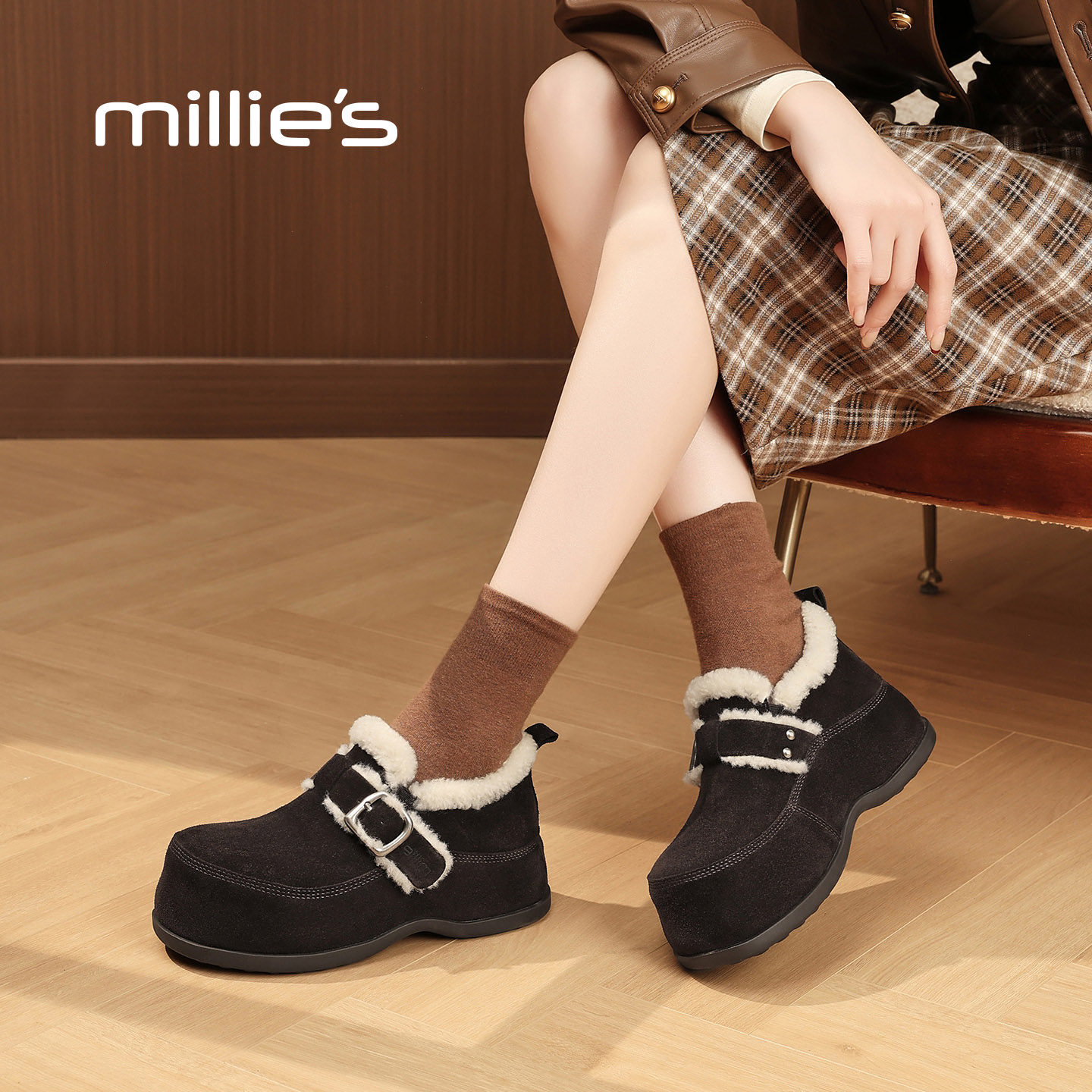 MILLIE'S/妙丽厚底勃肯鞋女款冬季新款反绒皮加绒棉鞋保暖雪地靴