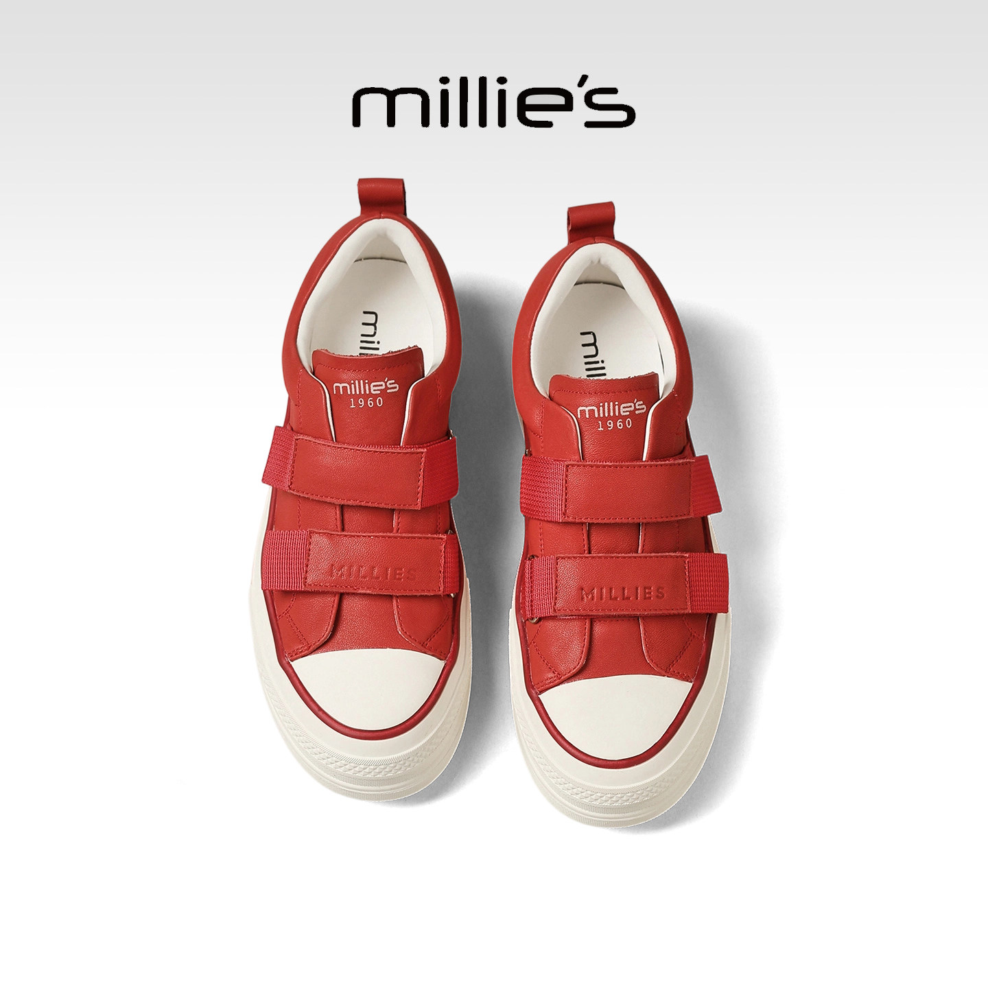 MILLIE'S/妙丽红色魔术贴厚底板鞋女休闲百搭轻便软底深口单鞋,女鞋,深口单鞋,淘宝优惠券,粉丝福利购,淘宝优惠卷